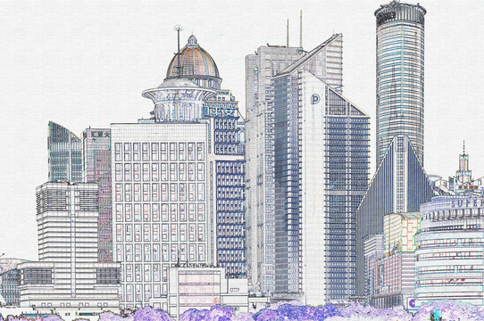 上海外灘建筑彩色線描