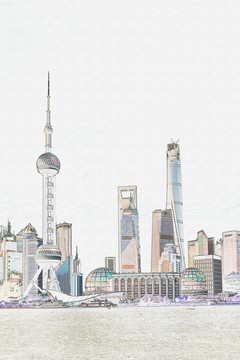 上海东方之珠彩色线描