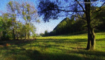 油画 草地 树林