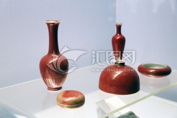 景德镇窑珊瑚红釉碗 瓶
