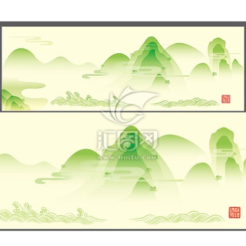 山水 國畫 矢量 春天 河流