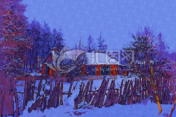 電腦畫 山村雪景