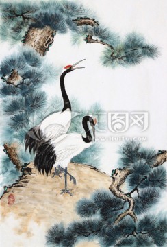 丹頂鶴 仙鶴 國畫 古松