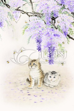 貓咪 貓 紫藤花 中國畫
