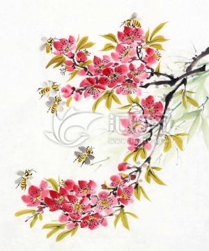 小蜜蜂 桃花 覓食 國畫