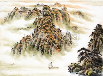 晨霧不阻輕舟 帆船 云霧 國(guó)畫(huà)