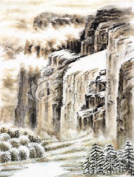 春雪消融 白雪 云霧 國(guó)畫(huà)