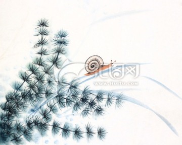 蝸牛 絲草 水墨