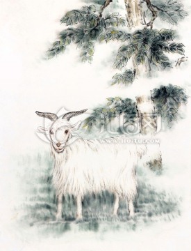 山羊 羊 树 国画 工笔
