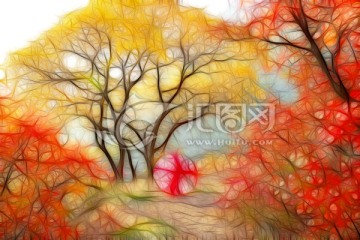 抽象畫 紅葉風景畫 不分層