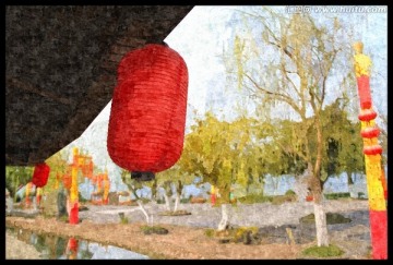 仿油畫紅燈籠