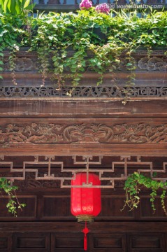 中式建筑 楼阁 绿植 红灯笼