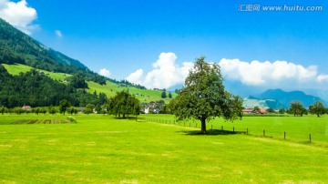 蓝天白云绿地的瑞士风光