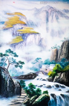 新中式山水風水風景油畫