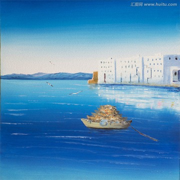地中海馬風景油畫
