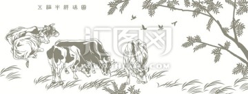 五福牛祥瑞圖