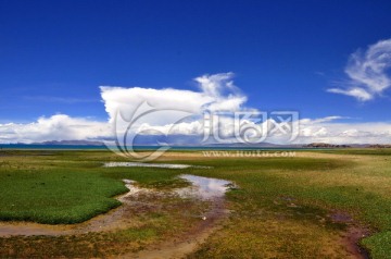 纳木错蓝天白云湿地