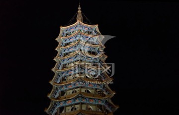 中式建筑 宝塔 夜景