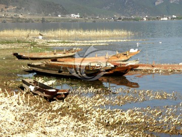 油画湖滨小木船