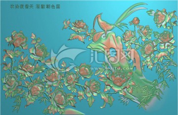 国色天香花开富贵花鸟浮雕背景墙
