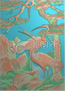 松鶴圖壁畫背景墻浮雕圖