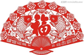 剪紙 扇面雙魚