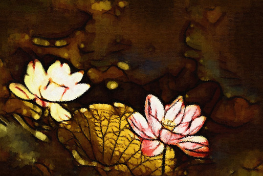 荷花抽象油畫