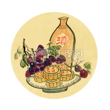 中秋节国画 月饼 装饰画