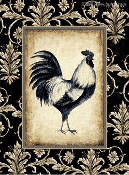 欧美手绘公鸡银边花纹无框画装饰