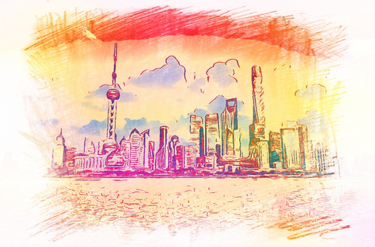 上海風(fēng)景 彩鉛手繪畫(huà)