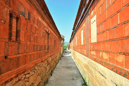 红砖墙之间的小路