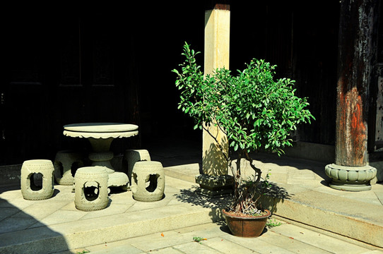 绿色盆栽和石头桌椅