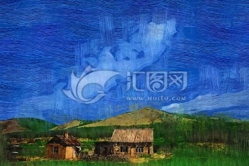 電腦油畫(huà) 山村人家