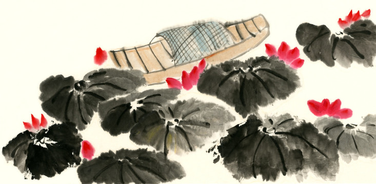 國(guó)畫(huà)荷花 漁船