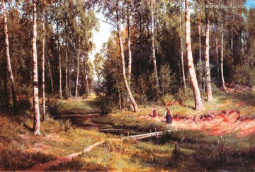 风景油画 白桦林的小溪