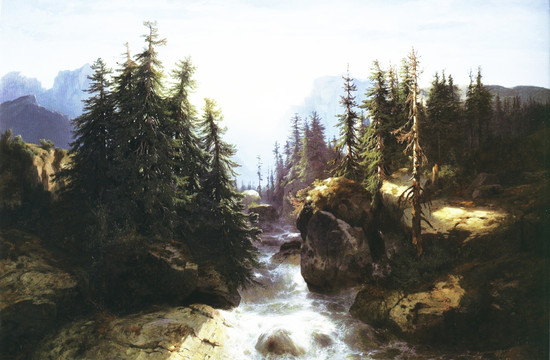 風(fēng)景油畫 阿爾卑斯山中的河流