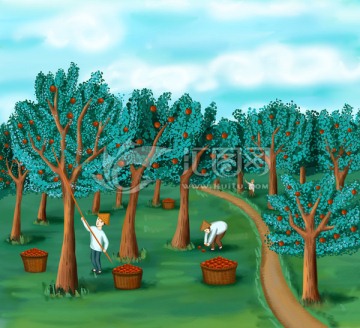 果园丰收果树手绘插画 采摘