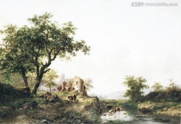 風景油畫 小河邊的夏天風景