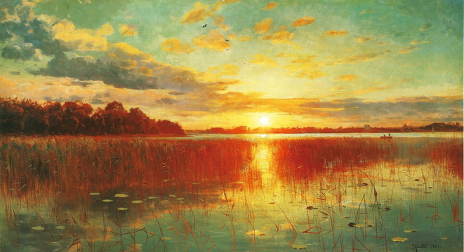 风景油画 夕阳下的湖面