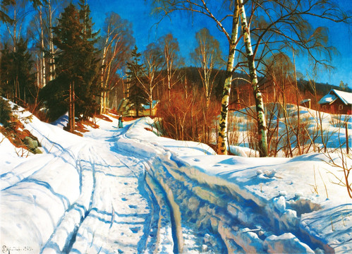 风景油画 雪花覆盖的小路