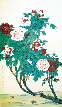 花鸟国画 牡丹蜂雀