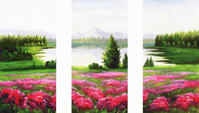 風景油畫 花田河畔