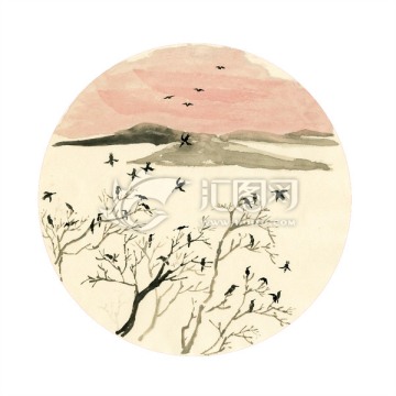 國(guó)畫山水 夕陽(yáng)歸鴉