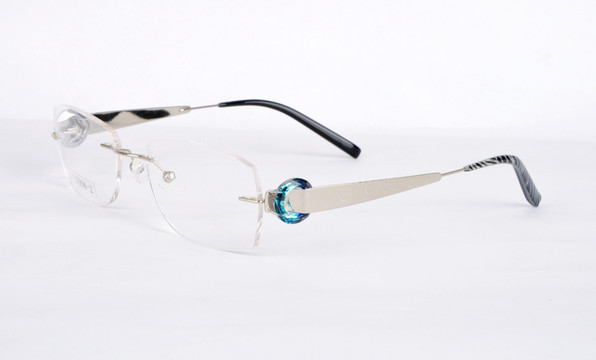 蓝色水晶装饰眼镜 银色无框眼镜