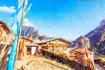 甘南扎尕那藏寨水彩畫