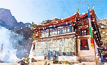 建筑水彩畫(huà) 藏傳佛教寺院