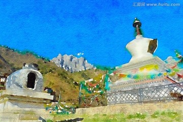 水彩风景 高山佛塔