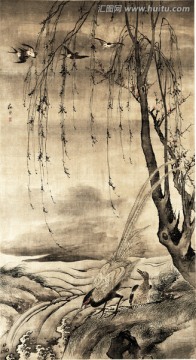 柳禽白鷴圖