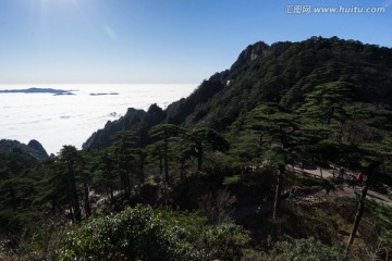 黄山 蓝天白云 栈道 步道