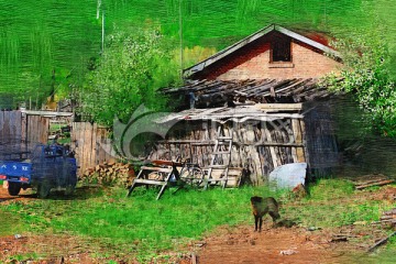 电脑油画 山村人家